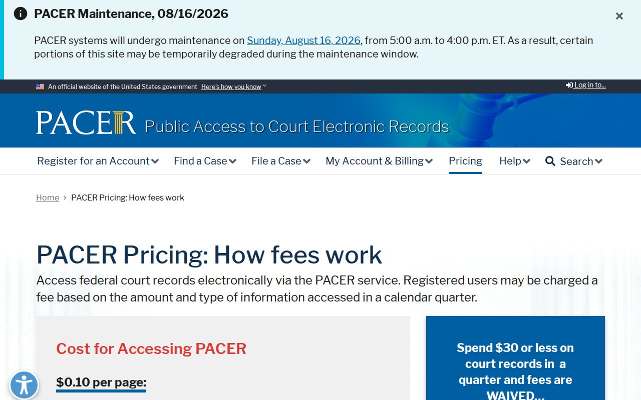 Aubrey court docket comparison with PACER federal pricing